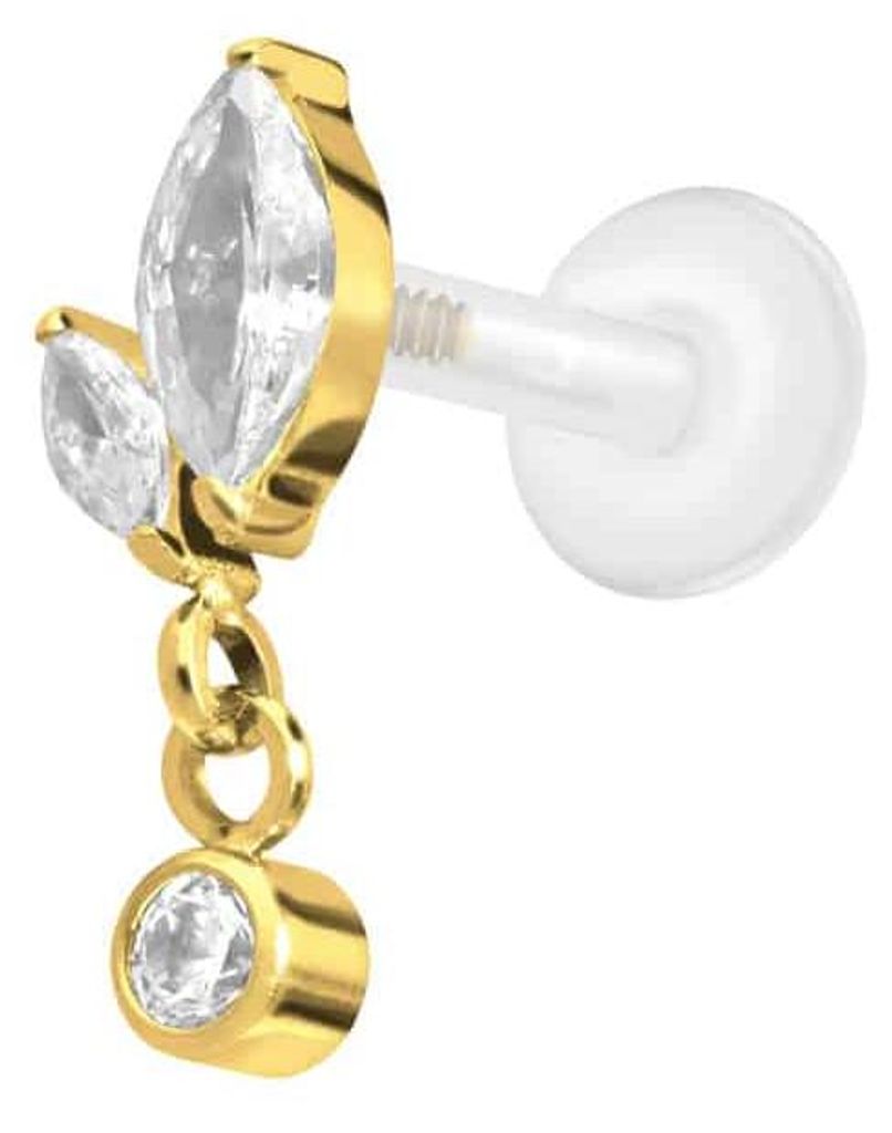 Ohrpiercing, Nasenpiercing PTFE Labret mit Innengewinde + Titan-Aufsatz KNOSPE + KRISTALL Gold Stablänge: 7mm | Stabstärke: 1,2mm