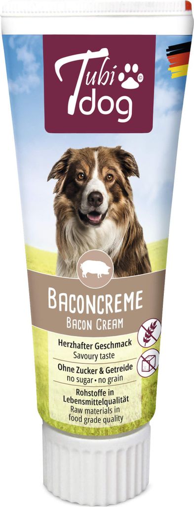 A tube of dog food cream with a picture of a dog on it.