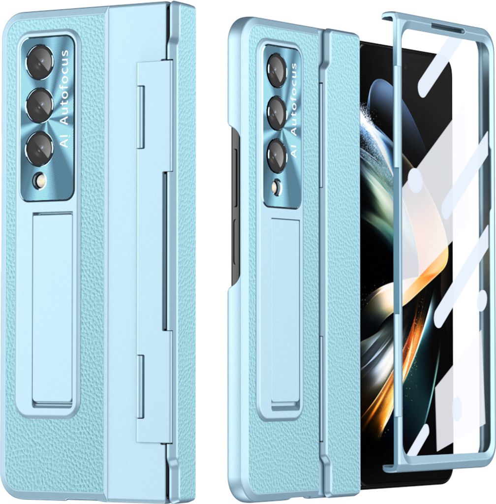 Galaxy Z Fold4 Hülle, Displayschutz & Objektivschutz Litschi Ständer Schutzhülle für Samsung Galaxy Z Fold 4 5G Blau
