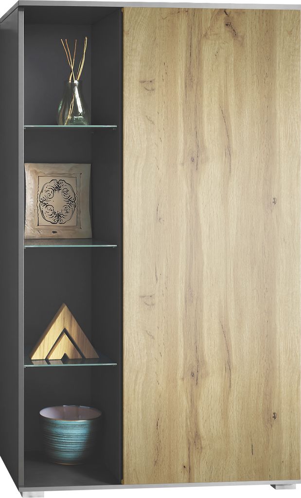 Vladon Vitrine Davos, Germany, Standvitrine mit 3 Glasböden und 8 Fächer, Anthrazit matt/Eiche Wotan (71,5 x 134 x 35 cm)