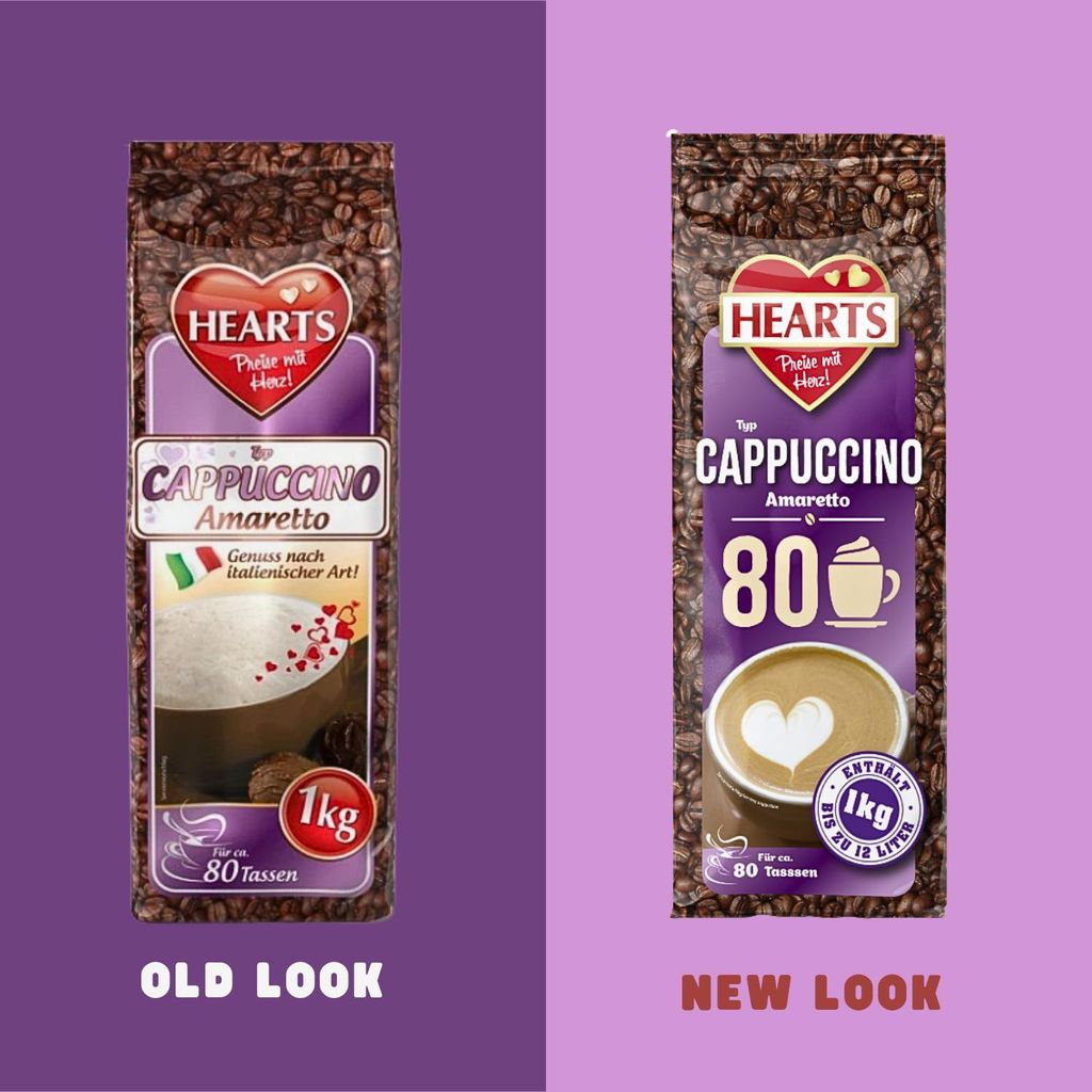 A comparison of two packaging designs for Hearts Cappuccino Amaretto, labeled 'OLD LOOK' and 'NEW LOOK'.
