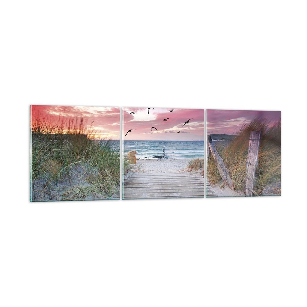 Bilder auf glas - 3 Teile - Strand Sand Vögel - 120x40cm - Glasbilder - Wandbilder - Bilder - zum Aufhängen bereit - Wanddekoration aus Glas - Gl...