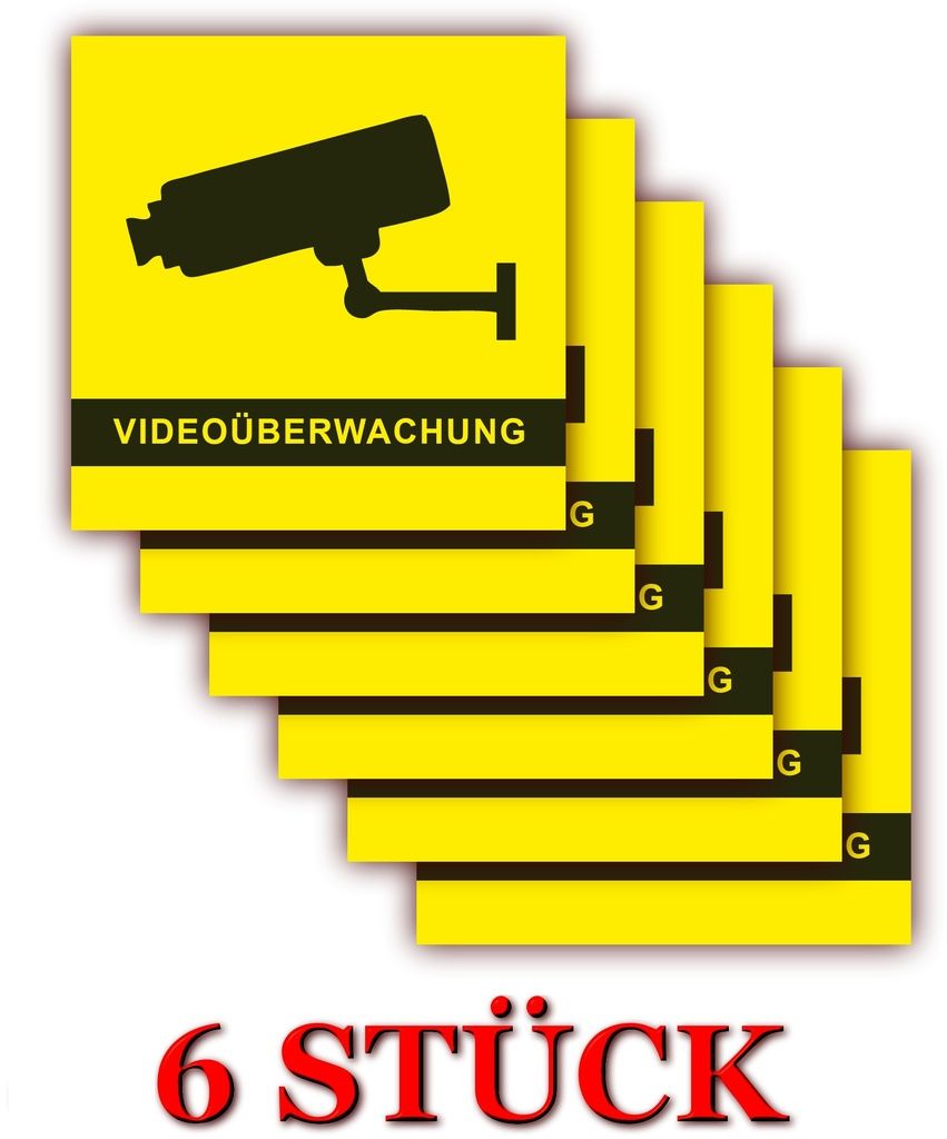 6 Stück - XL Folienaufkleber Videoüberwachung gelb Größe 10 x 10cm - für innen und außen geeignet ( 507g )