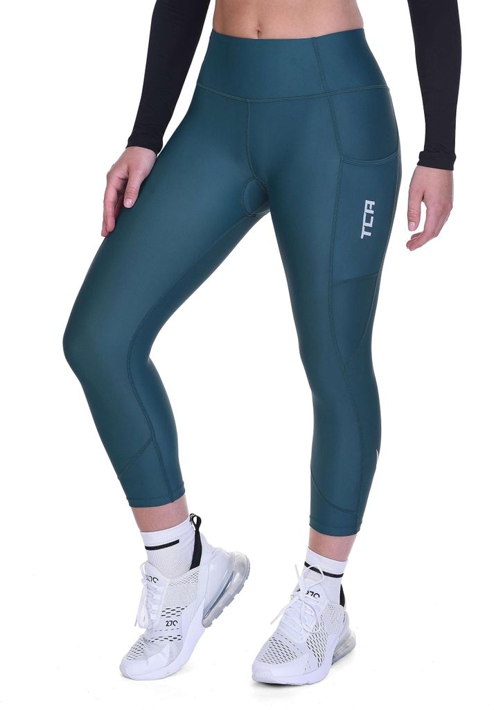 Damen 3/4 Gepolsterte Radleggings mit hoher Taille, atmungsaktive Fahrradshorts mit Taschen, rutschfest und schnelltrocknend - Blau, M