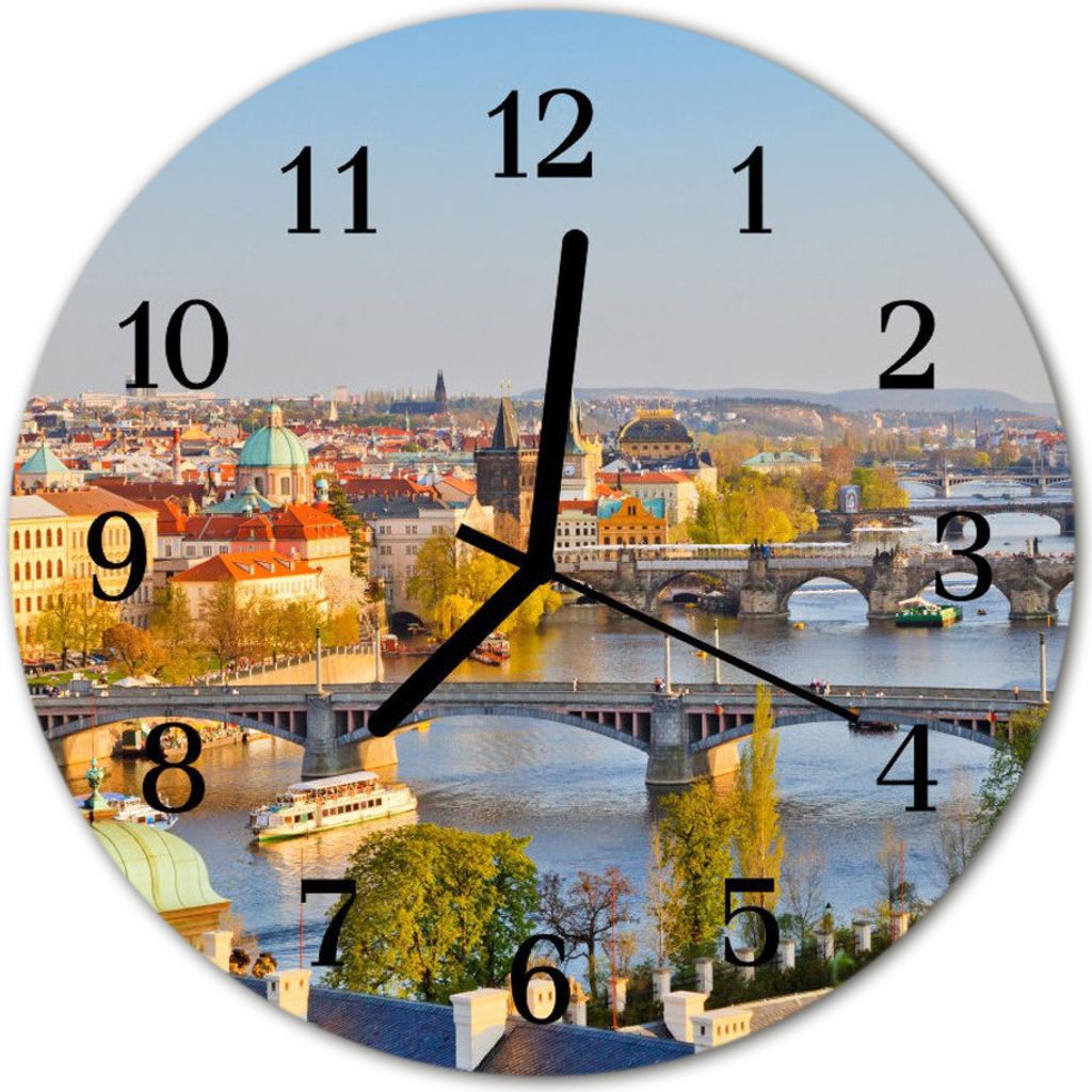 Glasuhr Wanduhr Küchenuhr Echt-Glas 30fi cm Stadt Prag mehrfarbig