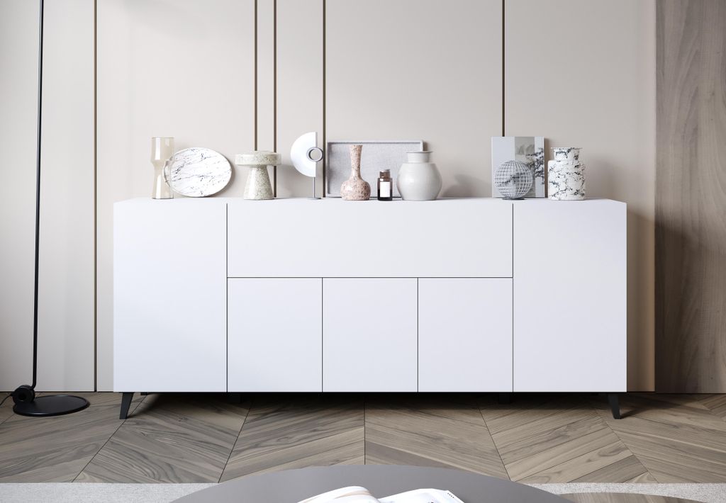 MINIO go for it, LOKET Sideboard 180 cm – Stilvolle Kommode mit hohen Füßen, geräumig, praktisch, Weiß Farbe