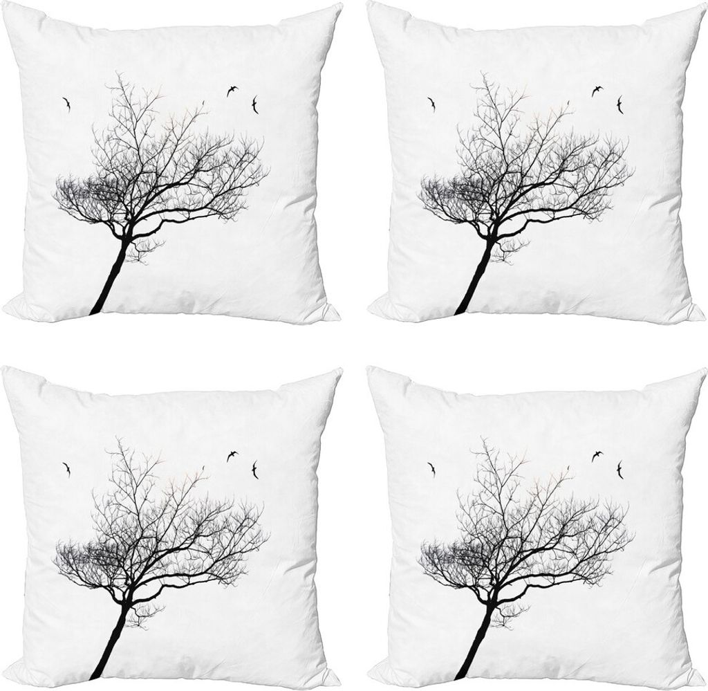 ABAKUHAUS Schwarz und weiß Kissenbezug Set (4 Stück), Baum Flying Birds, Moderner Doppelseitiger Digitaldruck, 45 cm x 45 cm, Schwarz-Weiss