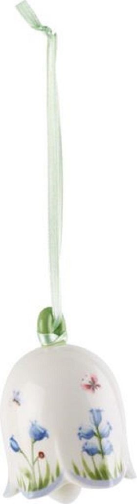A single ornament shaped like a bell, decorated with flowers and butterflies, hanging from a ribbon.