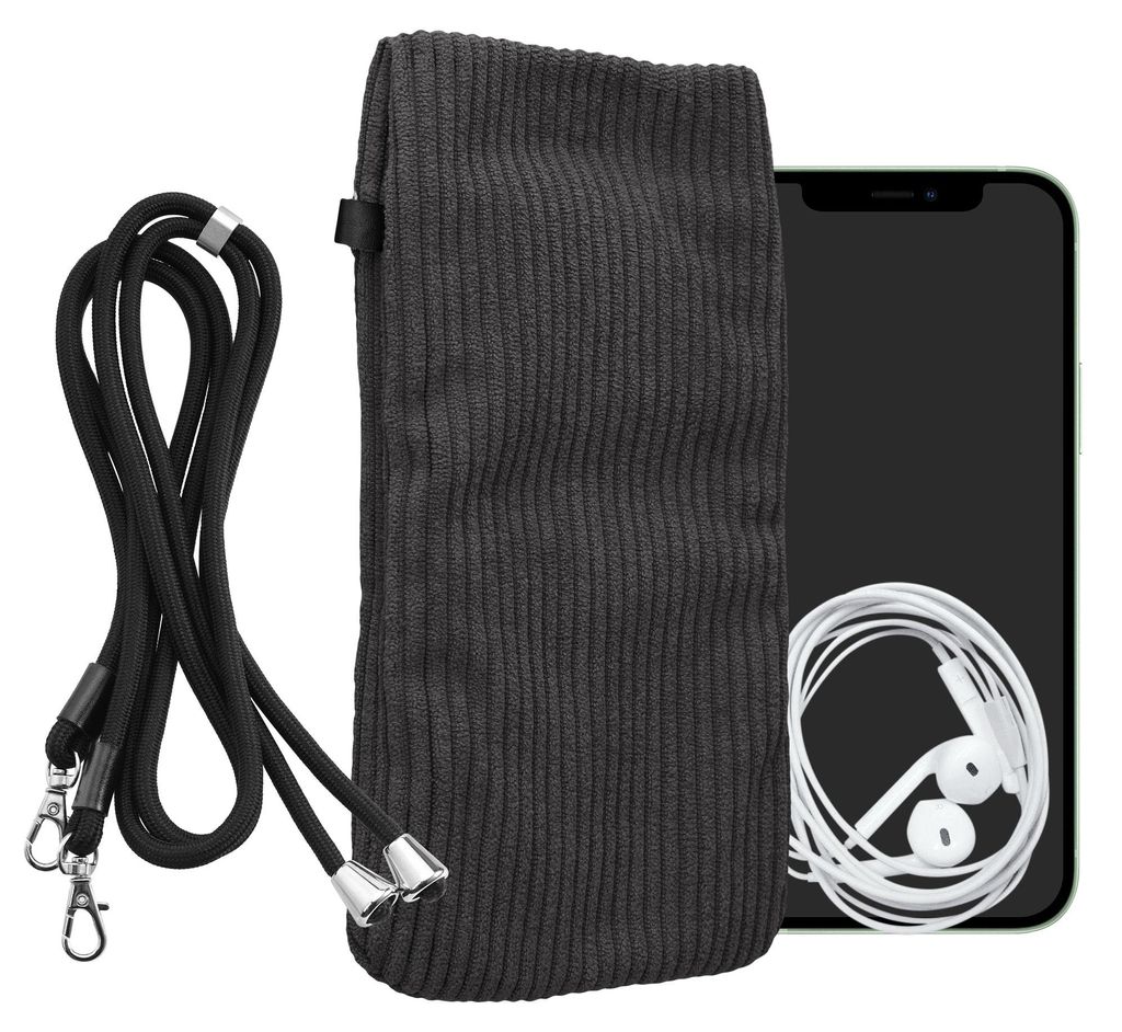 kwmobile Handytasche für Smartphones XXL - 7" Handy Tasche - Cord Handy Hülle Dunkelgrau mit Kordel - Tasche mit Handykette 17,7 x 9 cm Innenmaße