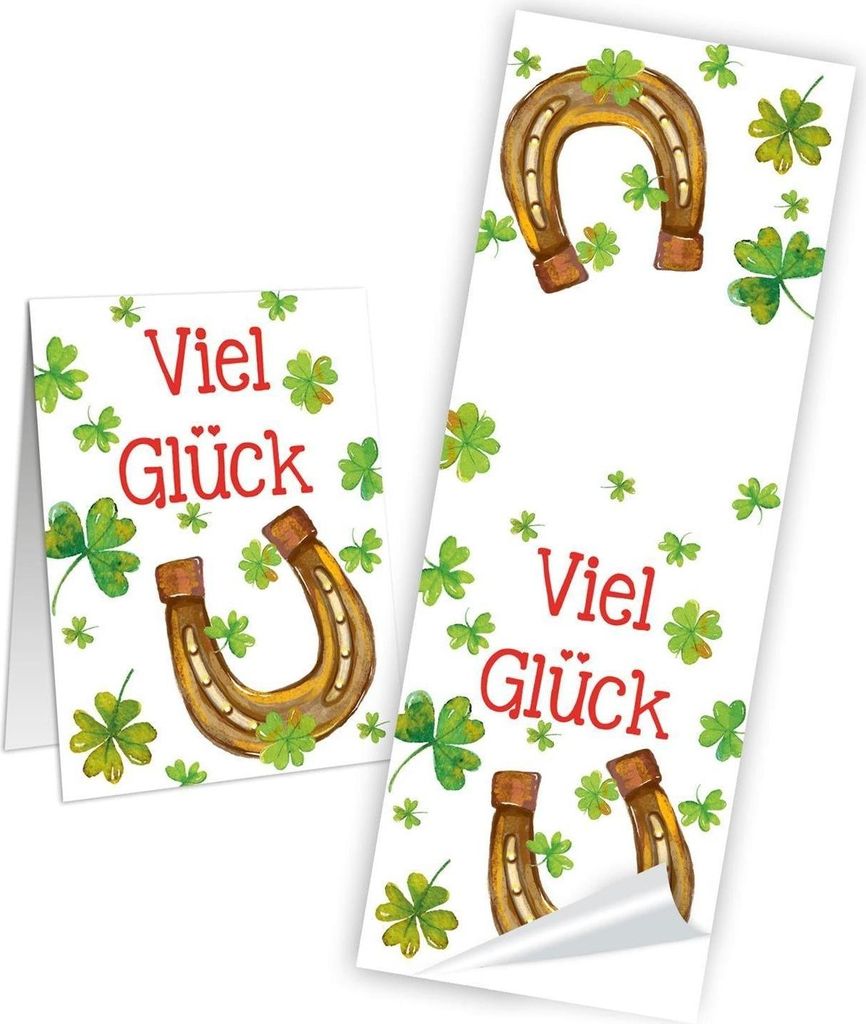 Logbuch-Verlag 10 Aufkleber 5 x 14,8 cm VIEL GLÜCK weiß mit grünen Kleeblättern + Hufeisen - Glücksaufkleber Geschenkaufkleber Banderolen Verp...