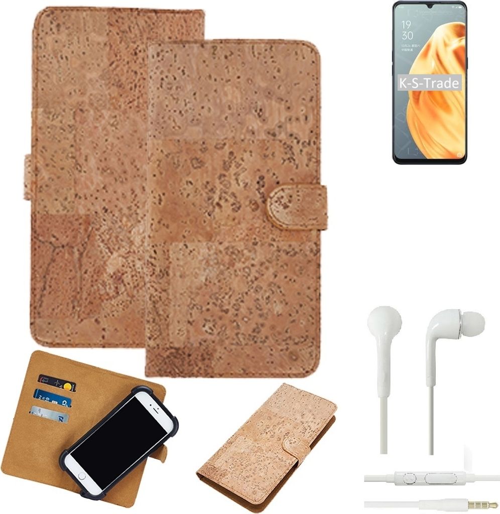 K-S-Trade Hülle kompatibel mit Oppo A91 + in ear Kopfhörer Kork Handyhülle Cover Schutzhülle TPU Case Bumper in Hellbraun, (1x)