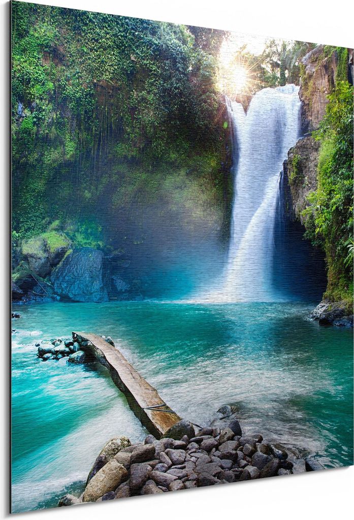 DEQORI Alu-Dibond Bild Silber 50x50 cm 'Tegenungan Wasserfall' Wandbild Metall dünn