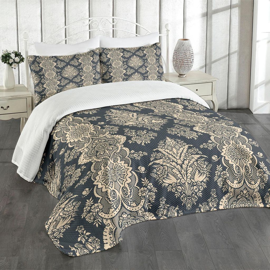 ABAKUHAUS Damast Tagesdecke Set, Viktorianisches Art Barockes Klassisches Muster mit Blumen Floral Muster, 264 x 220 cm, Koksgraue Creme