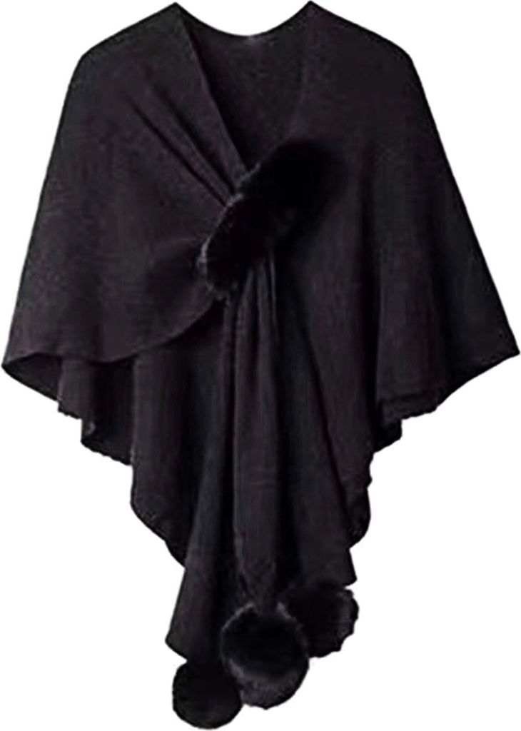 Damen-Umhang, Schal, V-Ausschnitt, einfarbig, Plüsch-Ball-Dekor, Kreuz-Design, warm, vielseitig, Strickschal, Alltagskleidung