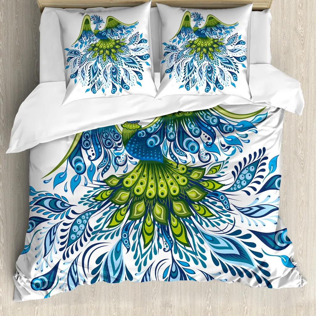 Set Letto Pavone Astratto Blu Verde 155x220 cm ABAKUHAUS