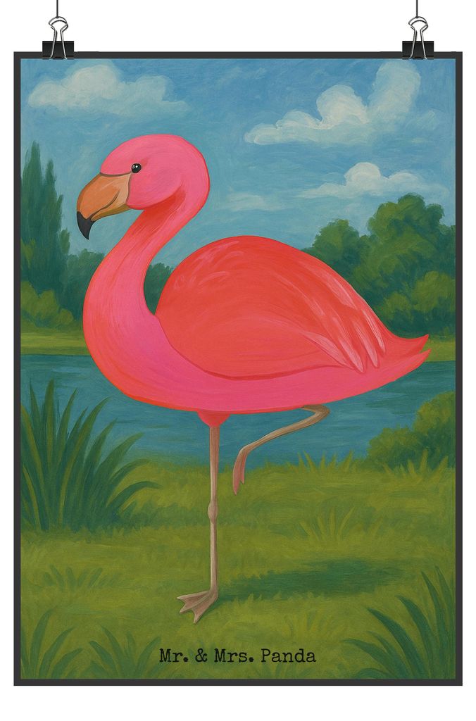 Mr. & Mrs. Panda Bild Flamingo Classic Design DIN A2 - Weiß - Geschenk, Plakat, Rosa, wanddeko, Freundinnen, Einzigartig, drucke, Kunstdruck, Ich,...
