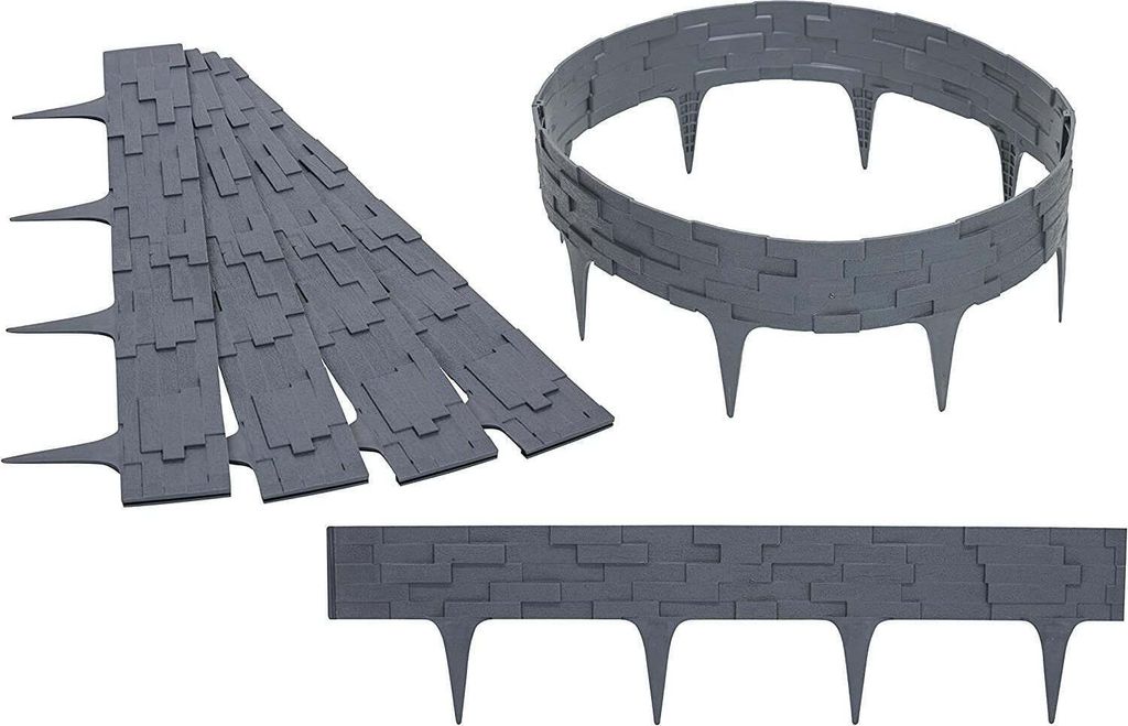 A collection of grey garden edging pieces arranged in different configurations.