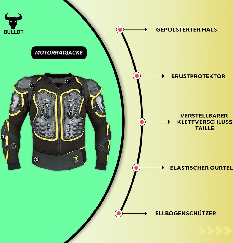 BULLDT Protektorenjacke 2in1 Titan Motorrad Motocross Skatebording Protektoren, Größe:54/XL, Farbe:Gelb