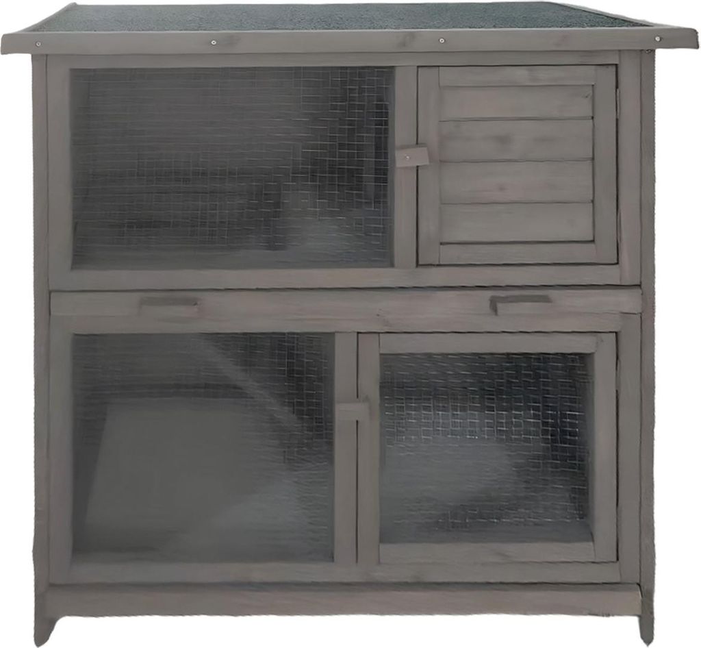 Hasenstall aus Holz in Grau mit aufklappbarem Dach Produktbild 