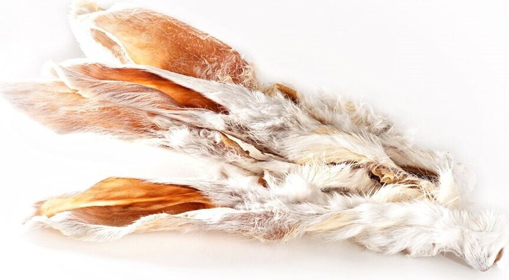 A close-up shot of dried rabbit ears with fur against a white background.