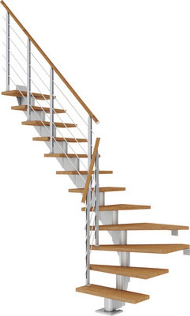 Pertura Mittelholmtreppe Alena Eiche Leimholz Perlgrau 1/4 gewendelt unten links/rechts 85 cm 11 Stufen / 12 Steigungen