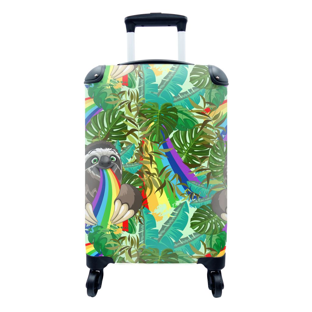 MuchoWow Koffer Handgepäck Trolley Rollkoffer Kleine Reisekoffer mit 4 Rollen - Faultier - Regenbogen - Blätter - Muster - Cabin Size < 55x40x2...
