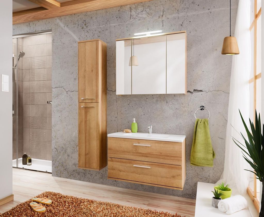 Design Badezimmer Möbel Bad Set Garnitur Schrank Waschbecken Beleuchtung 3 tlg.