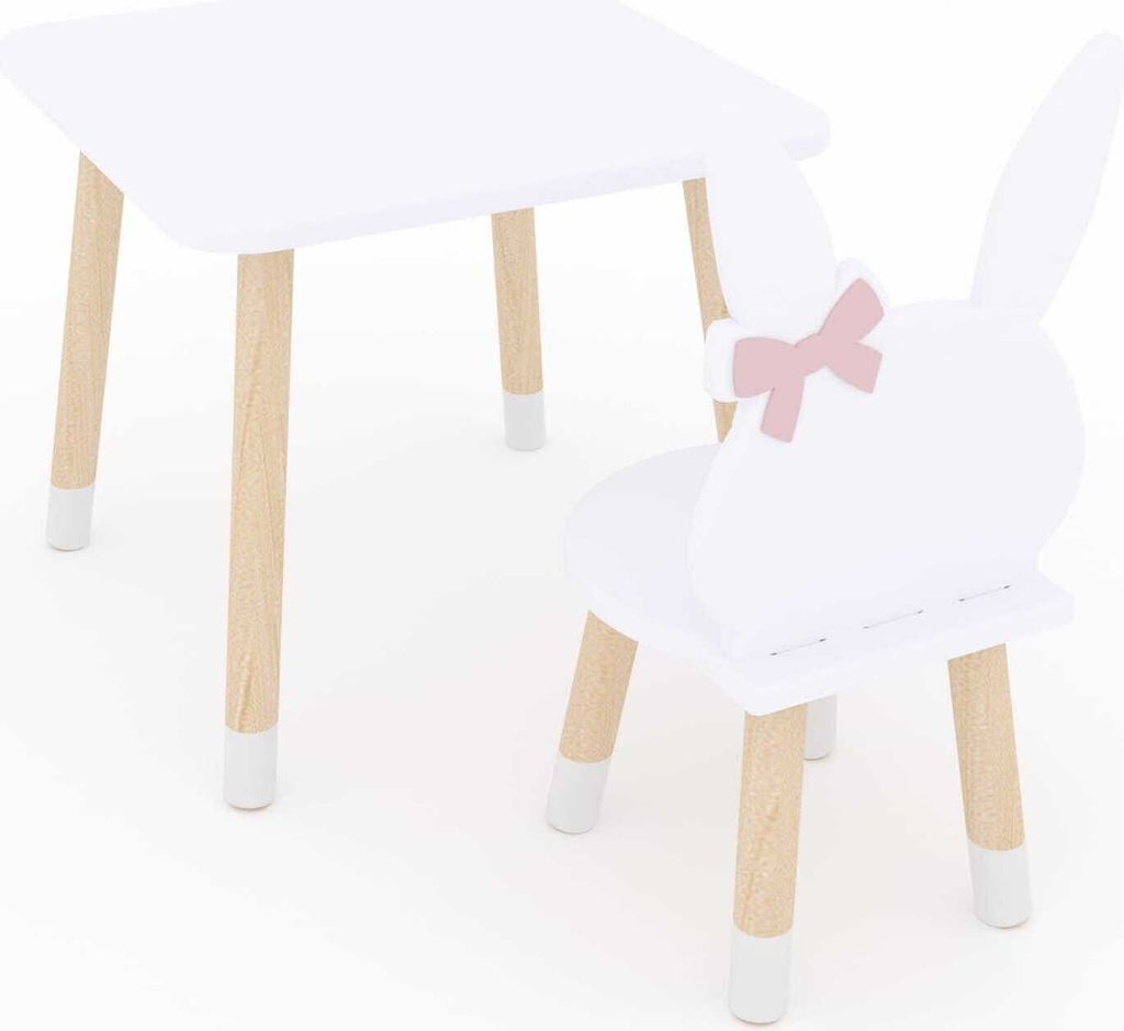 Dekormanda-Quadratischer Tisch und Stuhl für Baby in Hasenform, weiß