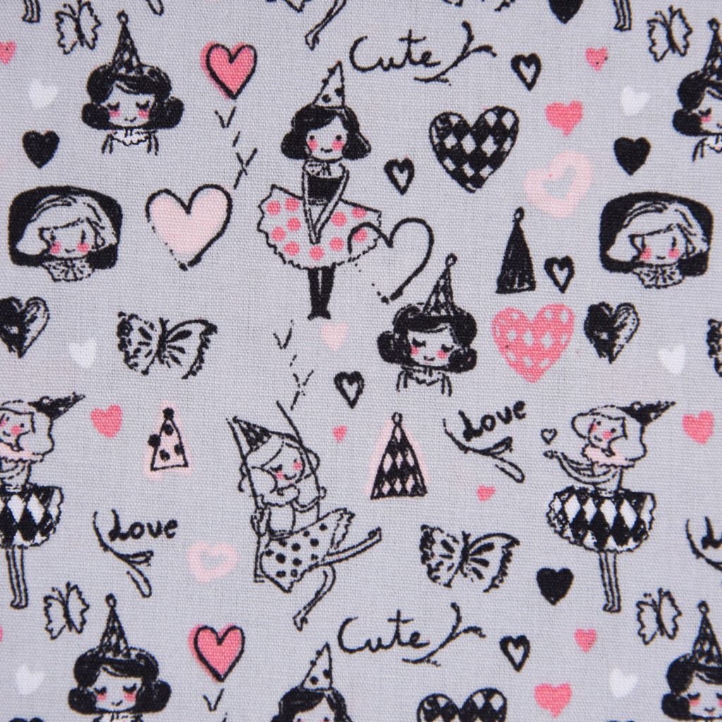 Baumwollstoff Popeline ARLEQUEEN Tänzerin Herzen grau bunt 1,50m