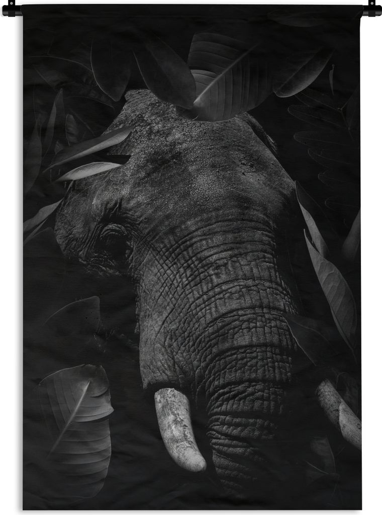MuchoWow Wandteppich Wandbehang Botanischer Elefant mit Blättern auf schwarzem Hintergrund - schwarz und weiß 60x90 cm Tapisserie Dekoration Wa...