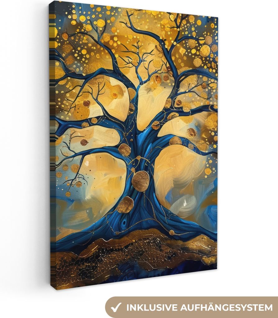 MuchoWow - Leinwandbilder - Baum - Baum des Lebens - Blau - Gold, Wandbild, Wanddeko Bilder Wohnzimmer, 20x30 cm