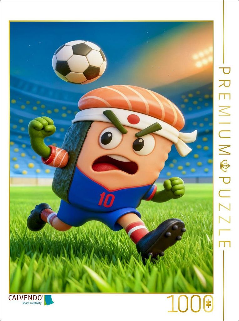 CALVENDO Puzzle Japanisches Sushi auf humorvoller Fußball Torjagd im Stadion | 1000 Teile Lege-Größe 64x48cm Foto-Puzzle für glückliche Stunden