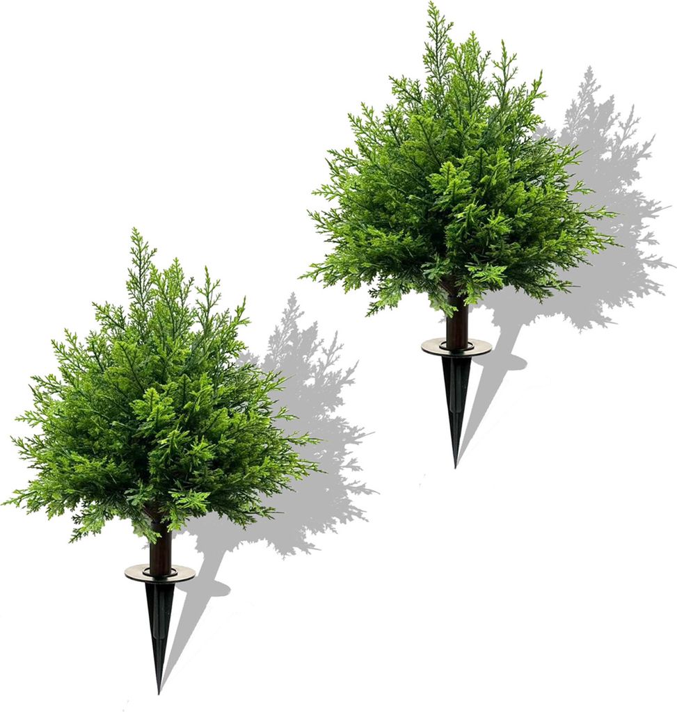 1 Stück/2 Stück 23 Zoll künstlicher Zypressen-Formschnitt, UV-beständig, künstliche Sträucher mit Erdspieß, Kunstzeder-Pflanzenbüsche für ...