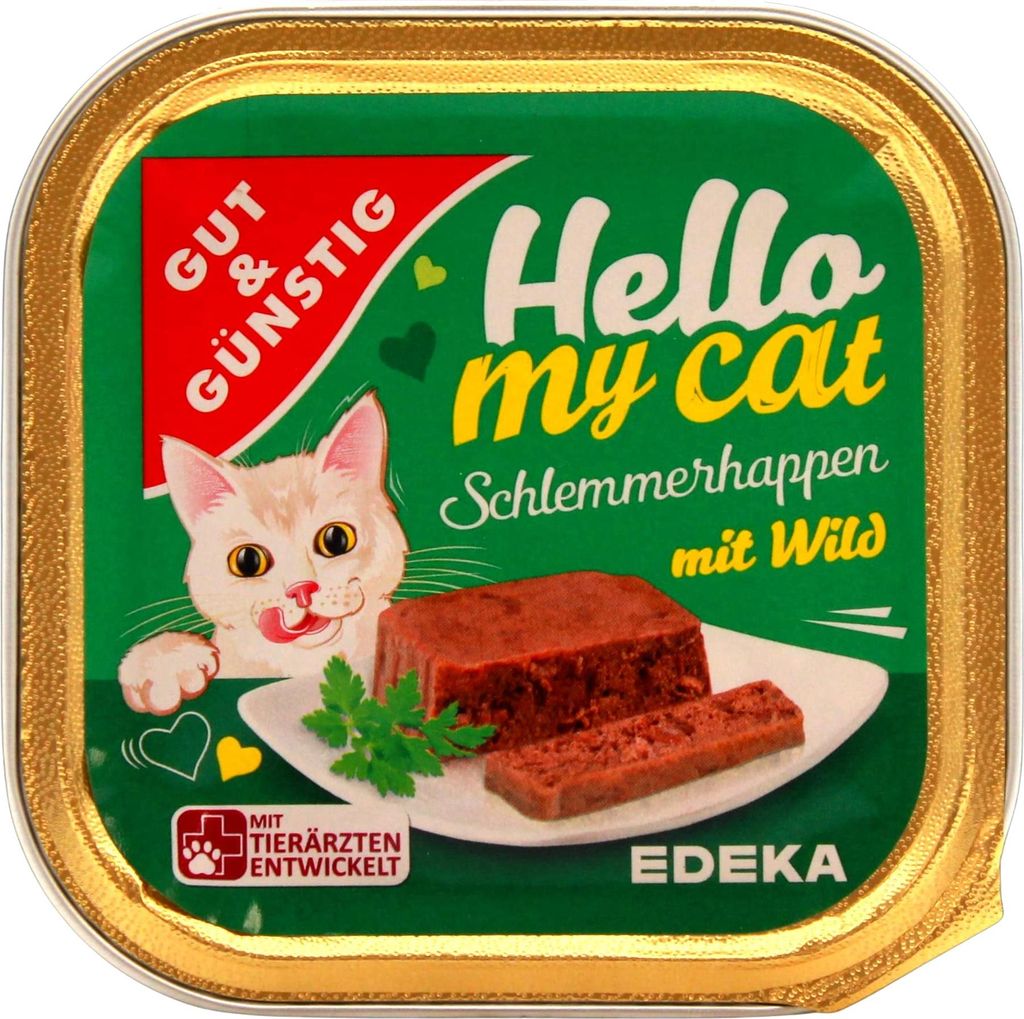Hello my cat Katzenfutter Schlemmerhappen mit Wild, 32er Pack (32 x 100g Schale)