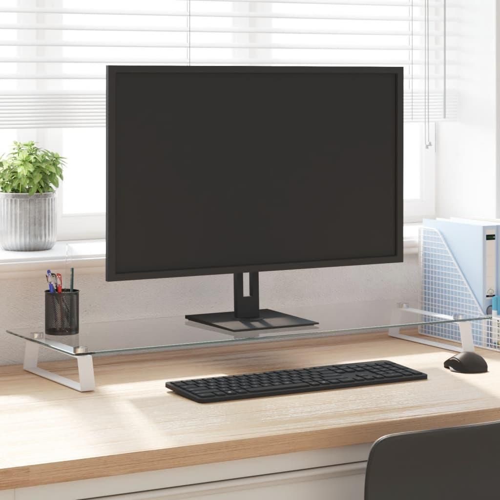Stojan na monitor bílý 100x35x8 cm z tvrzeného skla a kovu Obrázek produktu 