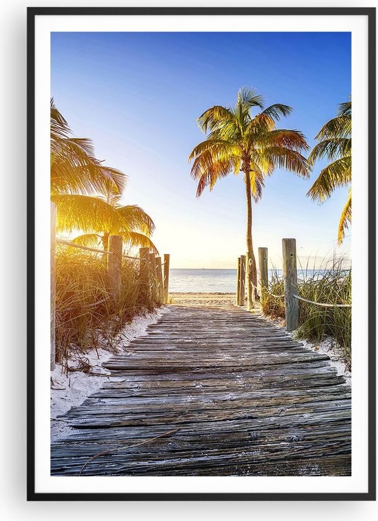 Gerahmtes Poster - Schwarzer Rahmen - Strand Palmen Fußgängerbrücke - 70x100 cm - Wand Bild - Wanddeko - Wandbilder - Wandposter - Bilderrahmen ...