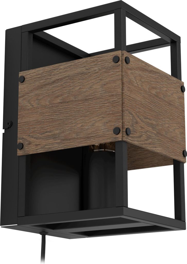 EGLO Wandleuchte innen Evesham, Wandlampe mit Stecker, Wandbeleuchtung aus Metall und Holz, für Flur und Wohnzimmer, E27 Fassung