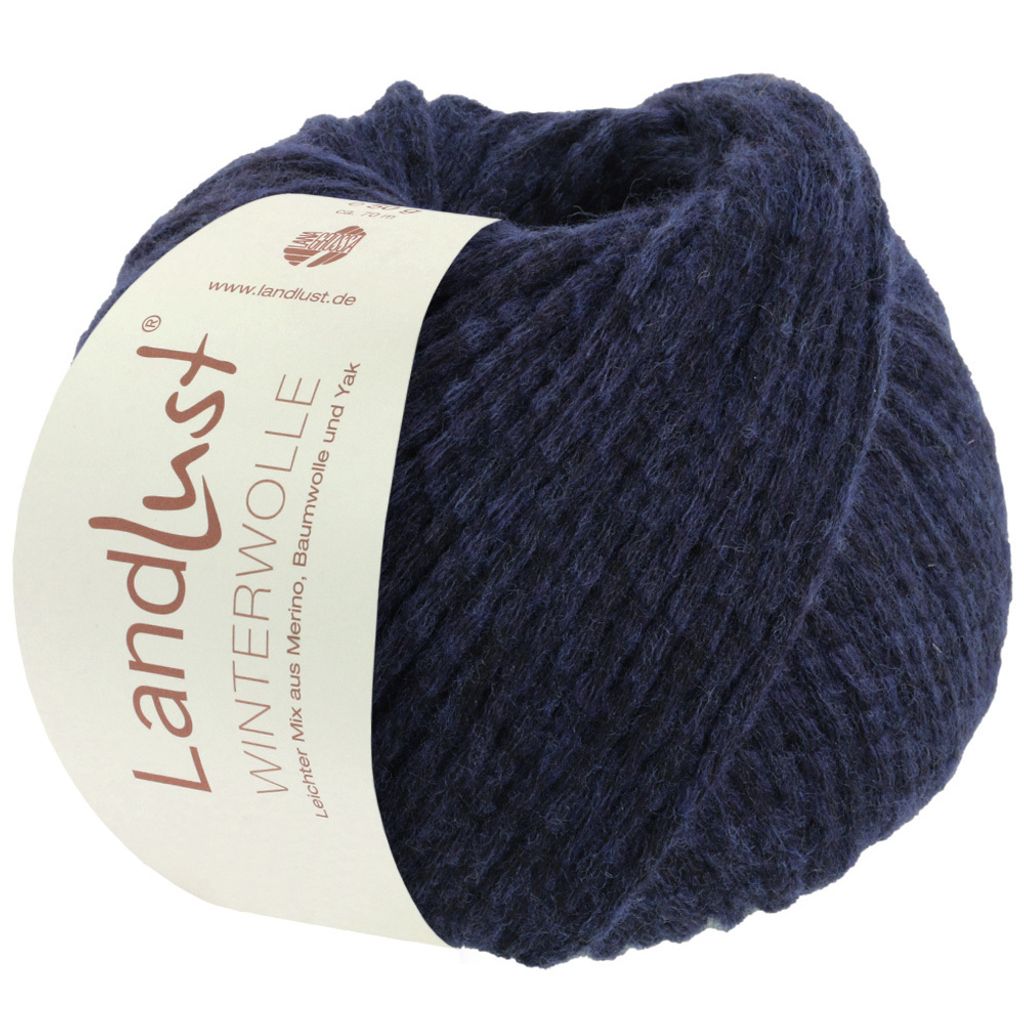 A ball of dark blue yarn with a label.