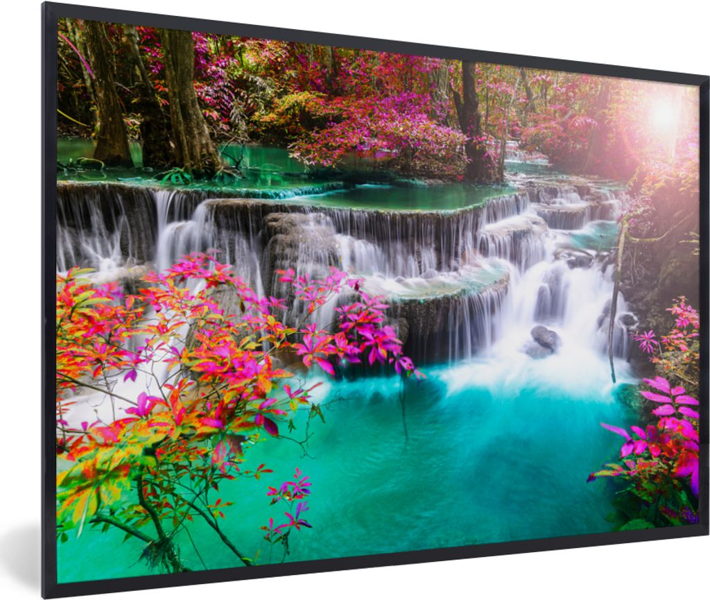 MuchoWow Gerahmtes Poster Wasserfall - Sonne - Bäume - Regenbogen - Natur 30x20 cm - Poster mit Schwarzem Bilderrahmen Wandposter Rahmen Foto Bi...