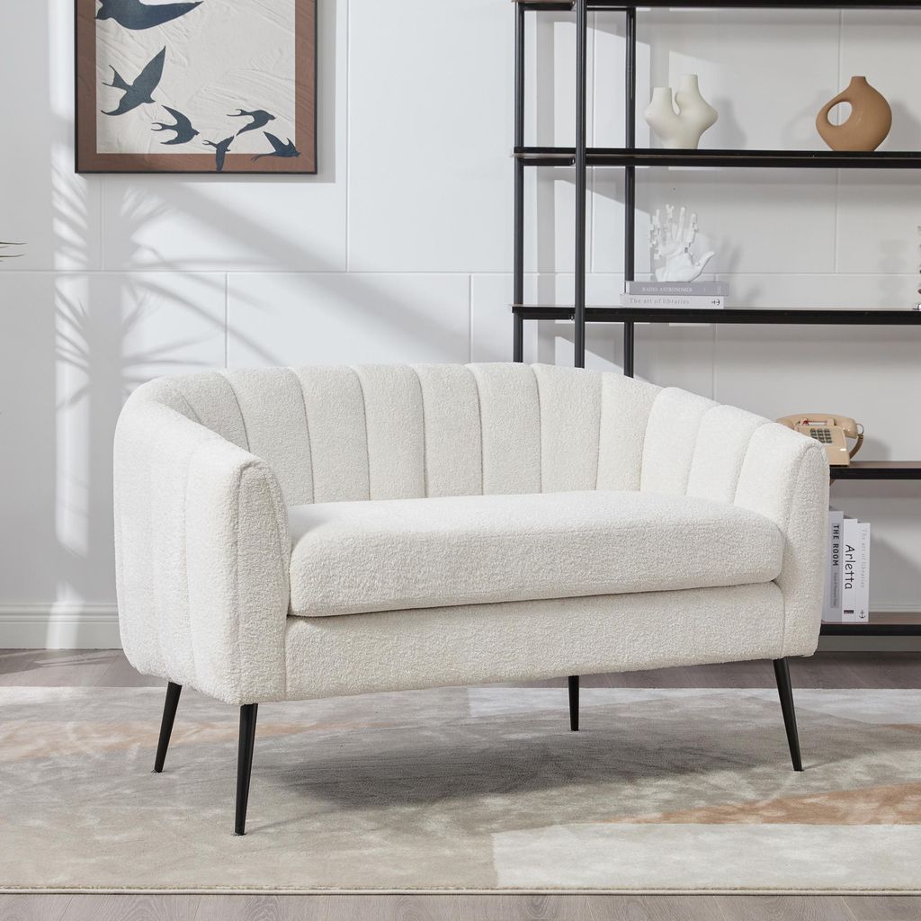 MODFU Zweisitzer-Sofa Wohnzimmersofa mit Armlehnen Retro Design mit Rillenpolsterung und Metallbeinen Chenille Elfenbein