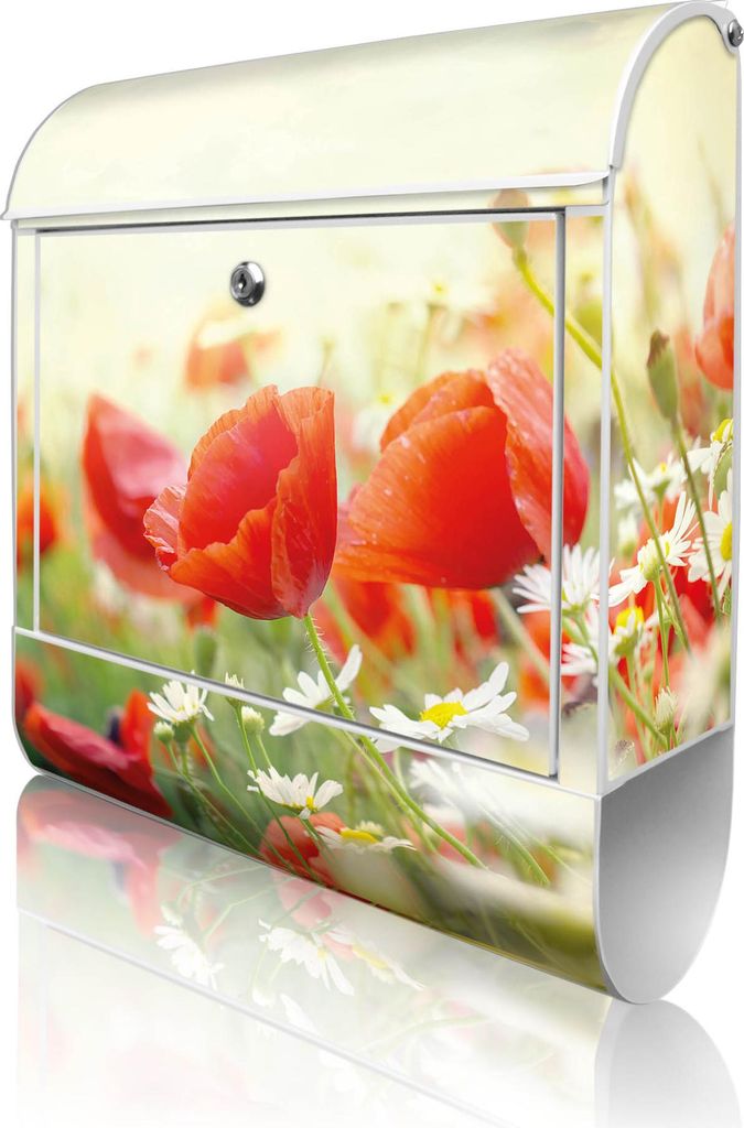banjado Design Briefkasten Stahl weiß mit Zeitungsfach pulverbeschichtet "Kamille Und Mohn" 38x46x12,5cm & 2 Schlüssel - Postkasten A4 Einwurf in...