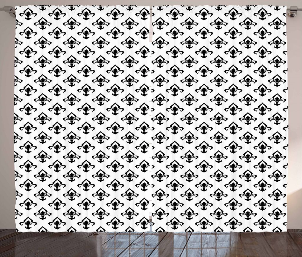 ABAKUHAUS Fleur De Lis Rustikaler Gardine, West Barock, Schlafzimmer Kräuselband Vorhang mit Schlaufen und Haken, 280 x 245 cm, Weiß Schwarz