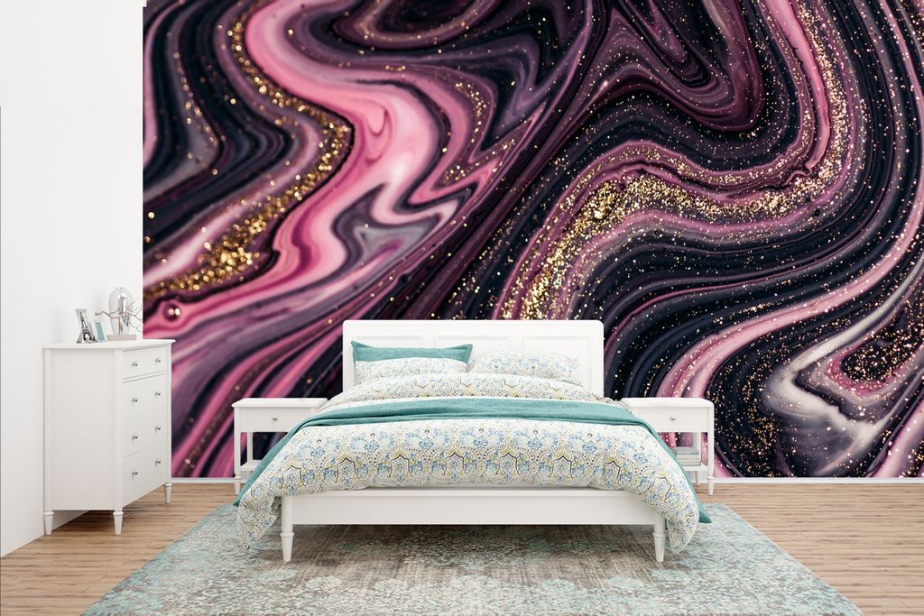 MuchoWow Fototapete für Wohnzimmer oder Schlafzimmer Wandtapete Vinyl Motivtapete Marmoroptik - Rosa - Lila - Gold - Luxus - Marmor - 400x240 cm...