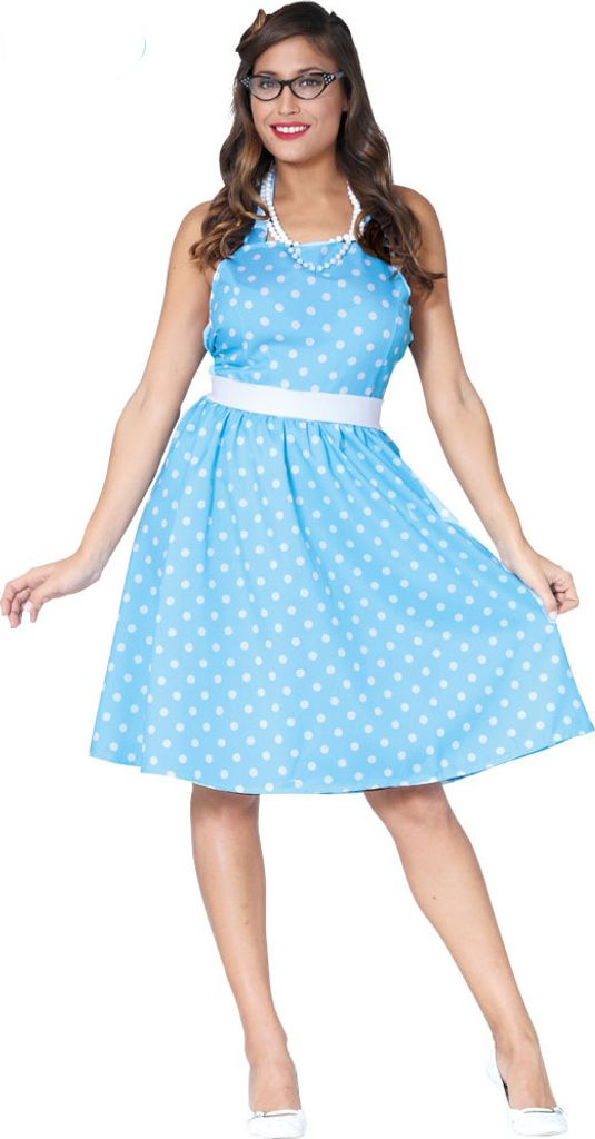 Rockabilly-Kleid mit Punkten 50er-Jahre Damenkostüm hellblau-weiss