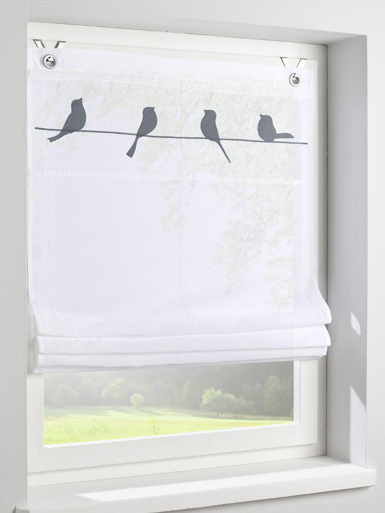 Raffrollo Gravelot mit Vogelmotiv in grau - Halbtransparentes Ösenrollo für Fenster in der Größe 80 x 140 cm, Montage ohne Bohren