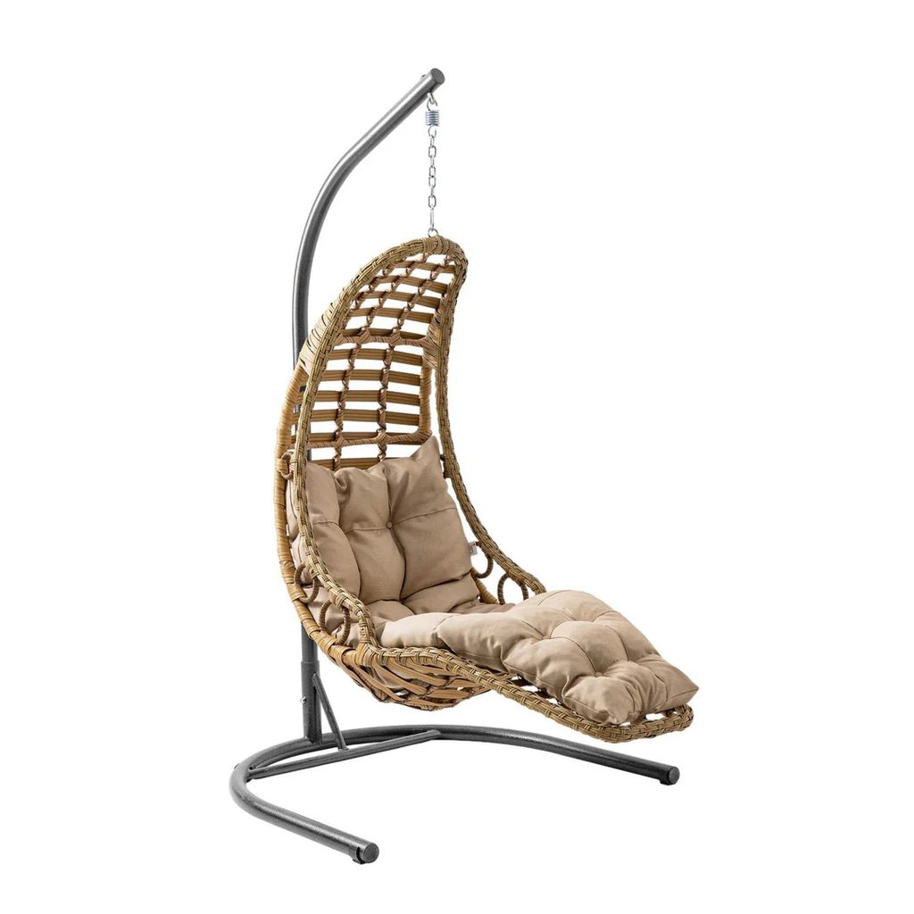 Capri Swing Poly-Rattan Hängesessel mit Gestell & Kissen, Gartenschaukel Bodrum (Hellbraun)