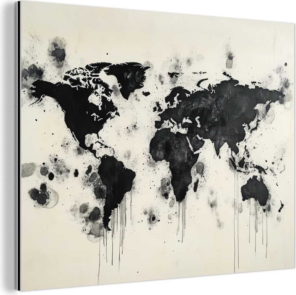 MuchoWow Wanddekoration Metall Metallbild Wandkunst 40x30 cm Weltkarte - Schwarz - Tinte MuchoWow Aluminium Gemälde - Dekoration Wohnzimmer