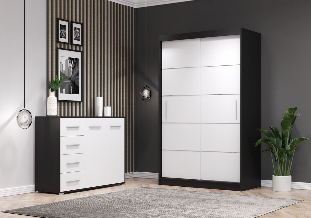 2er-Set Schwebetürenschrank Schrank Kleiderschrank Schwarz/Weiß 120cm Neomi 06 mit Kommode 135cm FRIDA 01