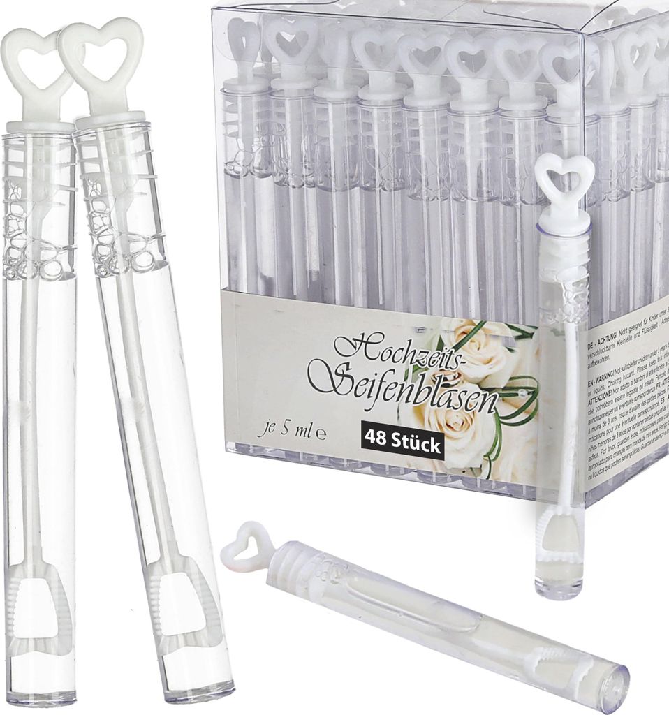 Seifenblasen Set Hochzeit 48er Pack Röhrchen Herzgriff Bubbles Trauung Hochzeitsseifenblasen