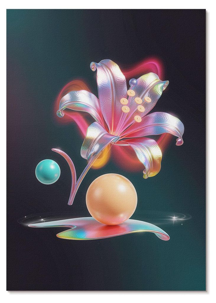 POSTER - 29x42 cm (A3) - Point2035 - Farbenfrohe Abstraktion mit einer Lilie und Kugeln - Wandbild für Wohnzimmer Schlafzimmer & Flur, Modernes Po...